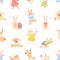 Seamless paschal pattern with cute bunnies, rabbits and Easter eggs on white background. Repeatable spring festive