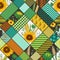 Seamless patchwork pattern with cereals, sunflowers and geometric ornament.