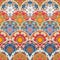 Seamless patchwork pattern with colorful mandalas. Decorative scales. Ethnic motifs