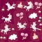 Seamless patchwork pattern with cute cartoon unicorns and caticorn, white clouds, pink flowers, fairytale castle