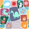 Seamless patchwork pattern with cute dino, pony, kitten, castle, clouds, crown, birds, butterfly,trees, cup of tea and flowers