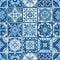 Seamless patchwork tile in blue, gray and green colors. Vintage ceramic tiles vector illustration. Floor seamless design