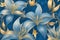 seamless patern of lilies with blue branches, with texture in background of blue diamond rhombuses, gold arabesque