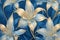 seamless patern of lilies with blue branches, with texture in background of blue diamond rhombuses, gold arabesque