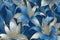 seamless patern of lilies with blue branches, with texture in background of blue diamond rhombuses, gold arabesque