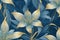 seamless patern of lilies with blue branches, with texture in background of blue diamond rhombuses, gold arabesque