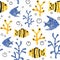 Seamless patten border with cartoon animals of the underwater world. Fish, sea, seaweed, ocean for the design of children`s