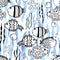 Seamless patten with cartoon animals of the underwater world. Sea mammals. Fish, whales, dolphins, algae for the design of