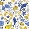 Seamless patten with cartoon animals of the underwater world. Sea mammals. Fish, whales, dolphins, algae for the design of