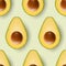 Seamless Pattern with 3d Realistic Cut Half Avocado with Seed Closeup on Green Background. Design Template, Food, Health