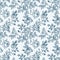 Seamless pattern with abstract blue garden roses, with buds and leaves silhouette. Background with blossoming outline flowers.