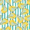 Seamless pattern with abstract blue and yellow random contoured pears ornament. Blue and white striped background