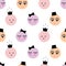 Seamless pattern with abstract cartoon funny female faces with hat, crown, bow on white background.