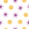 Seamless pattern with abstract color spinning flowers and sun on white background.