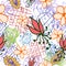 Seamless pattern with abstract elements, flowers, spring freshness. Doodle style.