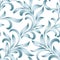 Seamless pattern of abstract floral ornament with curled leaves. Blue tracery isolated on white background.