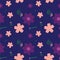 Seamless pattern with abstract flowers with notes in the middle, floral french horns and pipes on dark blue background