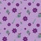 Seamless pattern with abstract flowers with notes in the middle, floral french horns and pipes on violet background
