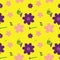 Seamless pattern with abstract flowers with notes in the middle, floral french horns and pipes on yellow background