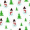 Seamless pattern abstract funny snowmen, christmas trees on white background. Cute stylized new year kids texture, vector eps 10