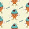 Seamless pattern abstract Ice cream character with face in groovy style. 70s, 80s, 90s vibes funky food sticker. Retro
