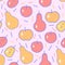 Seamless pattern of abstract pears, apples and plums on a light pink background for textile.