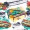 Seamless pattern with abstract piano keyboard, grand piano and synthesizer in watercolor sketch style. Colorful hand drawn grunge
