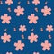 Seamless pattern with abstract sakura flowers and floral stringed violins on classic blue background. Creative color floral