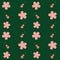 Seamless pattern with abstract sakura flowers and floral stringed violins on dark green background. Creative color floral surface