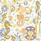 Seamless pattern of abstract sea horses, starfish, shell, seaweed, gear wheels. Fantastic mechanical metal sea creatures.