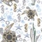 Seamless pattern of abstract sea horses, turtles, starfish, shell, seaweed, gear wheels. Fantastic mechanical metal sea creatures