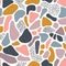 Seamless pattern abstract shapes Terrazzo mosaic style. Contemporary repeating background white pink blue golden