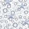 Seamless pattern of abstract starfish, nails, metal gear wheels and hexagon nuts. Metal elements on white background. Steampunk