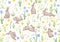 Seamless pattern, ackground with spring flowers and rabbits, hares.