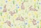 Seamless pattern, ackground with spring flowers and rabbits, hares.