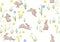 Seamless pattern, ackground with spring flowers and rabbits, hares.