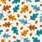 Seamless pattern with acorns and autumn oak leaves in Orange, Beige, Brown, Yellow, Blue