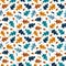 Seamless pattern with acorns and autumn oak leaves in Orange, Beige, Brown, Yellow, Blue