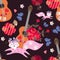 Seamless pattern with acoustic guitars, funny pink foxes, blue butterflies, hearts and red poppies on black background. Print