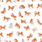 Seamless pattern with adorable Akita Inu performing daily activities. Backdrop with active purebred dog. Background with