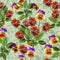 Seamless pattern with adorable colorful pansy flowers on a green texture.