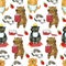 Seamless pattern with adorable fluffy cats, jars of jam and berry