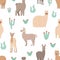 Seamless pattern with adorable llamas hand drawn on white background. Backdrop with funny wild Andean animals and