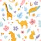 Seamless pattern with african animals and floral prints