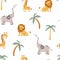 Seamless Pattern with african animals on white background. Safari childish seamless pattern with lion, elephant, giraffe