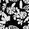 Seamless pattern with African  panther animal and line tropical flowers and leaves.