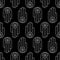 Seamless pattern with Ahimsa hand. Symbol of Jainism in white color on black background. Line art. Non-violence concept