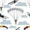 Seamless pattern of airplane figures, skydivers and clouds on white background