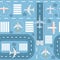 Seamless pattern of airport and runways with airplanes and airplane, top view.