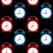 Seamless pattern of alarms clock in red and blue color on black background